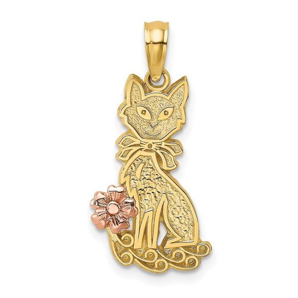 14k Yellow Gold Two-Tone Sitting Cat w/ Bow & Flower Charm